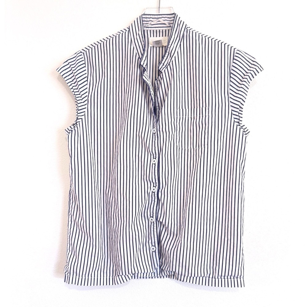 Three J NYC‎ Blue & White Striped Cap Sleeve Button Down Blouse
